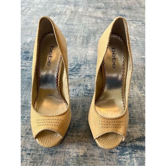 Bebe Yellow Tan Metallic Gold Canvas Platform Peeptoe Stilettos 8.5 - Picture 2 of 12
